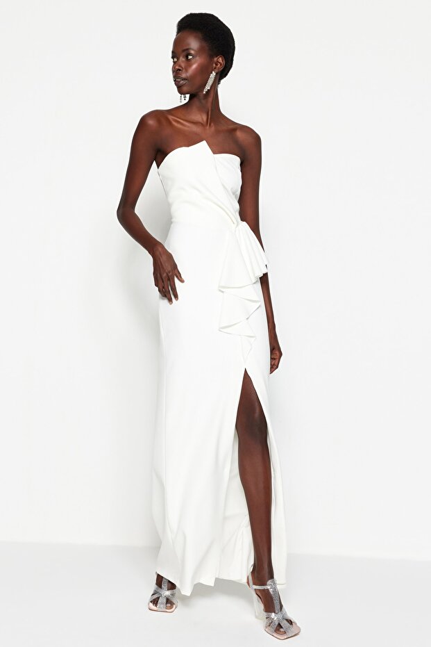 Ecru Lined Woven Wedding/Nikah Long Evening Dress TPRSS23AE00005