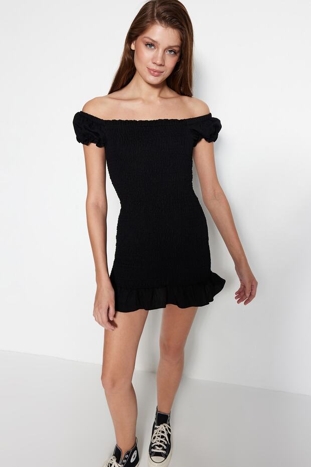 Black Fitted Gimped Mini Woven Dress TWOSS23EL00892