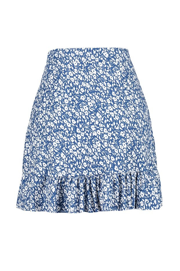 Indigo Baskılı Volanlı Yüksek Bel Mini Esnek Örme Etek TWOSS21ET0010 - 8