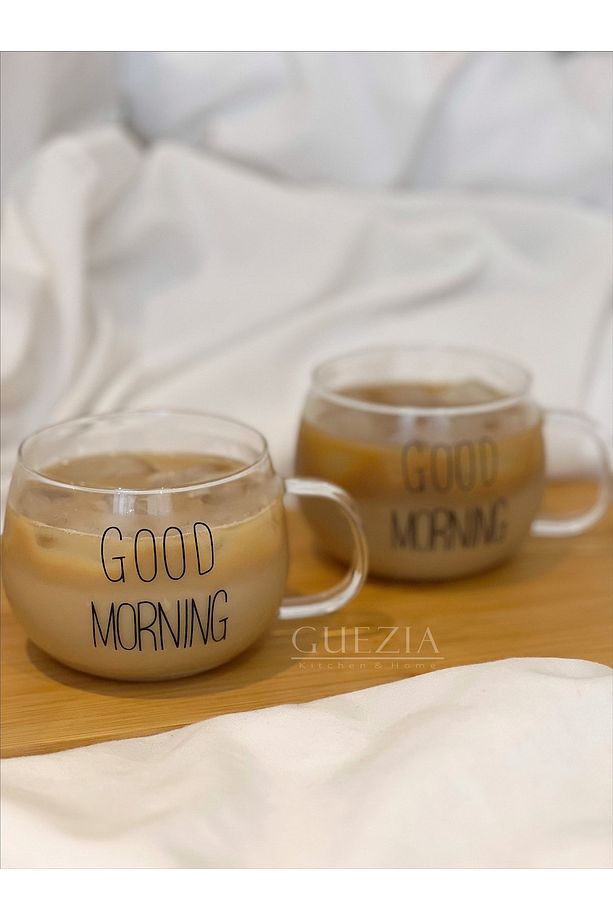 Isıya Dayanıklı Borosilikat Good Morning Kulplu Kupa Cam Bardak Kahve Sunum Bardağı 400ml | 2 Adet - 2