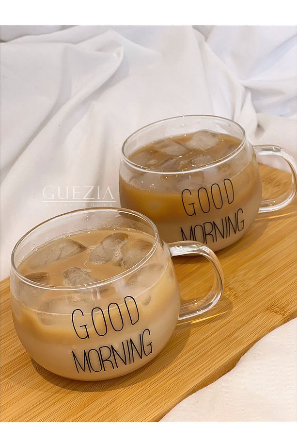 Isıya Dayanıklı Borosilikat Good Morning Kulplu Kupa Cam Bardak Kahve Sunum Bardağı 400ml | 2 Adet - 5