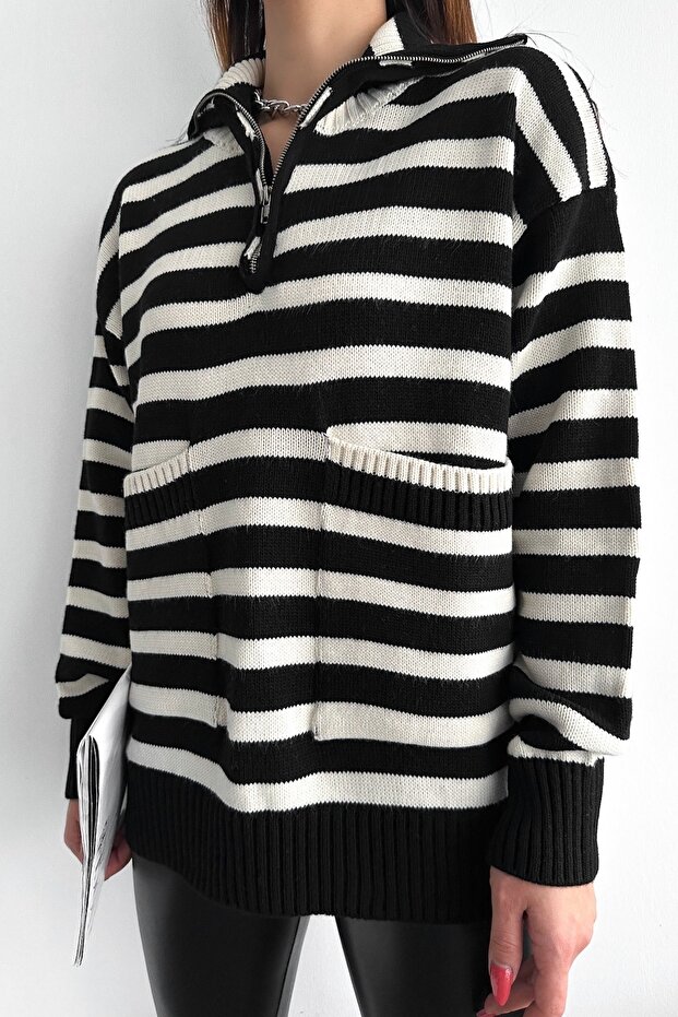 Women's Striped Double Pocket Standard Size Oversize Zippered Knitwear Sweater