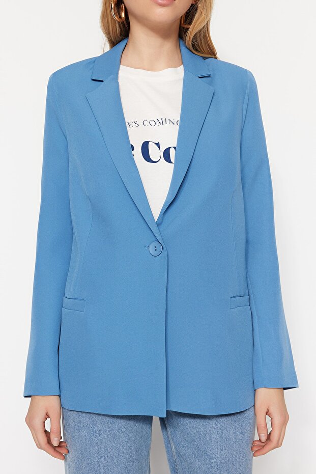 Koyu Mavi Regular Astar Detaylı Dokuma Blazer Ceket TWOAW20CE0316 - 4