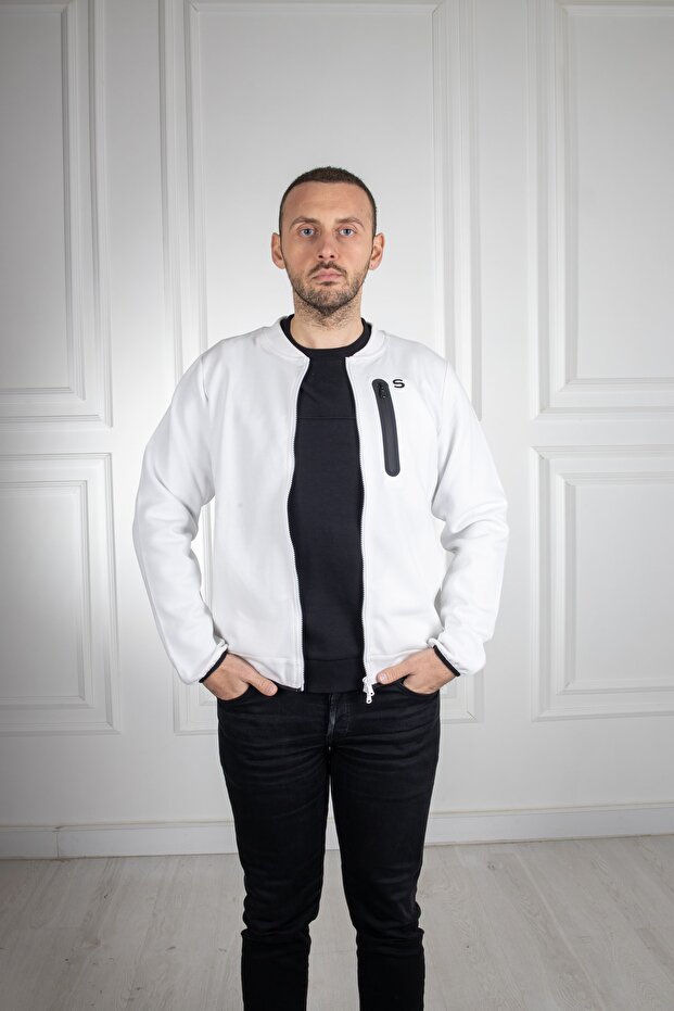 Fermuarlı Beyaz Sweatshirt - 1