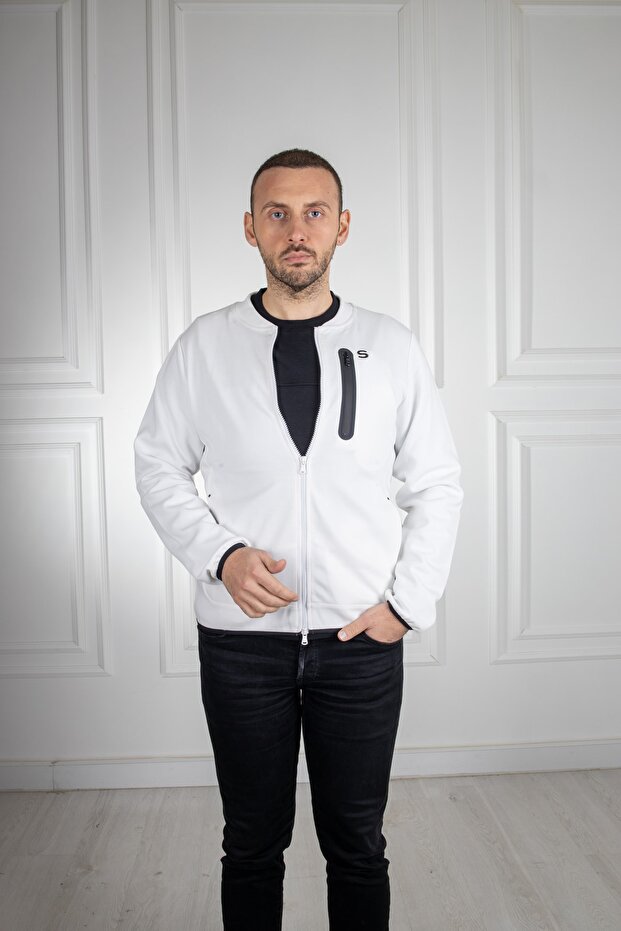 Fermuarlı Beyaz Sweatshirt - 2