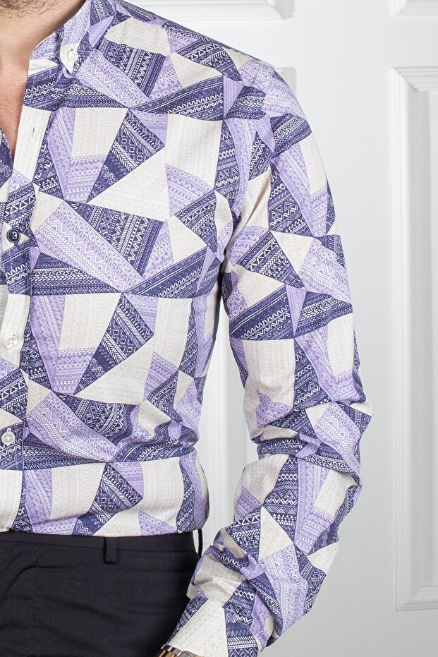 Interview Desenli Slim Fit Mor Gömlek - 2
