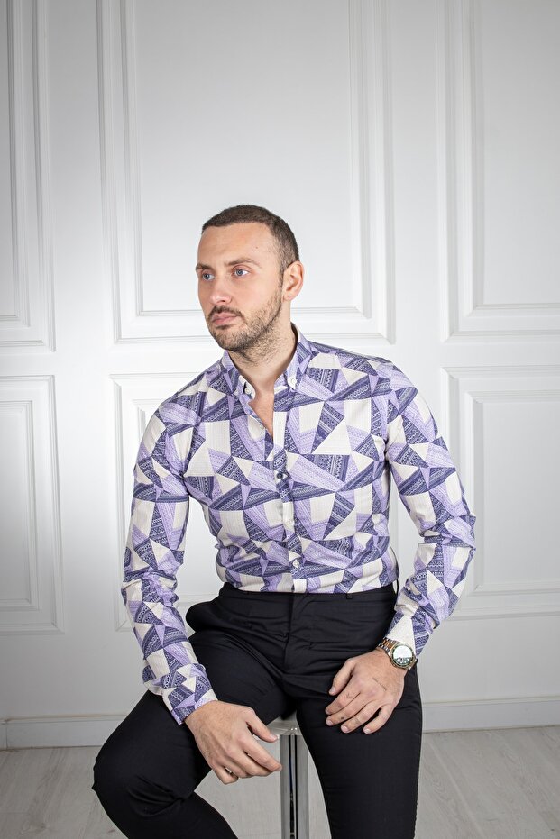 Interview Desenli Slim Fit Mor Gömlek - 4