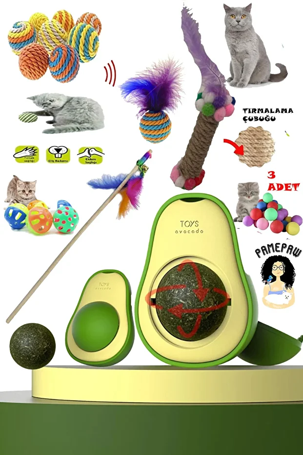 9'lu Set:avokado Catnip 360 Derece Dönen Kedi Nanesi Oyuncağı ,tırmalama Çubuğu Oyuncağı Ve Top Seti - 1