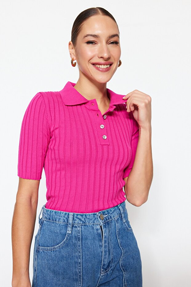 Fuşya Basic Polo Yaka T-Shirt Görünümlü İnce Bluz TWOSS20BZ0112 - 5