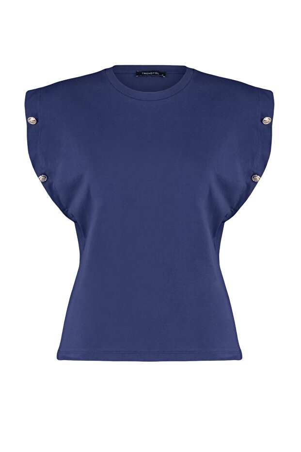 Lacivert %100 Pamuk Düğme Detaylı Vatka Görünümlü Basic Bisiklet Yaka Örme T-Shirt TWOSS23TS00016 - 6