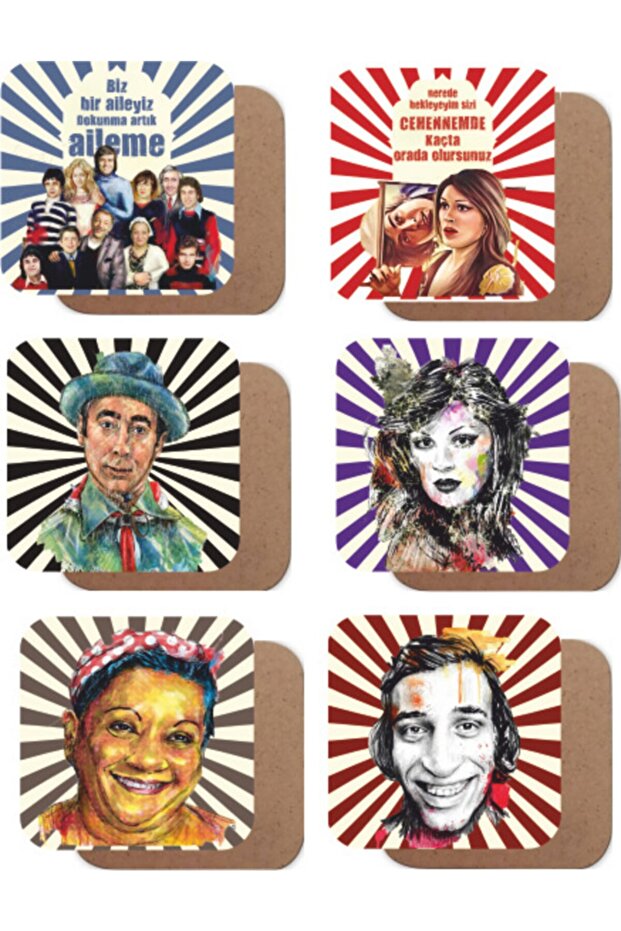 Yeşilçam Themed-2 6 Pieces Retro Wooden Coasters Set