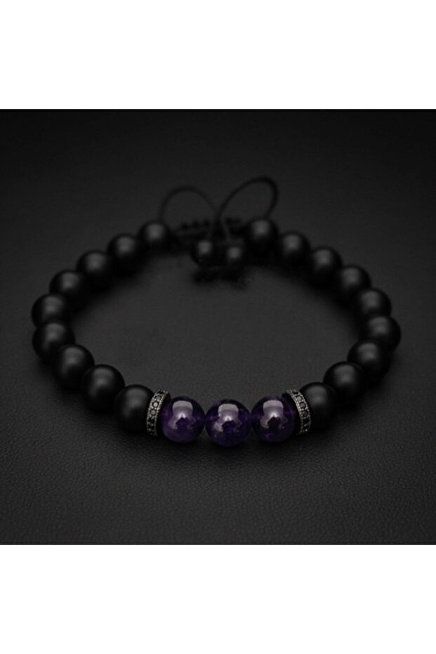Real Amethyst and Onyx Natural Stone Bracelet