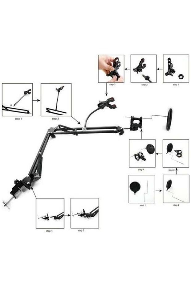 Mikrofon Standı Süspansiyonlu + Pop Filter 3'lü Set Telefon Tutucu Masa Standı 110 cm Ses Kayıt - 5