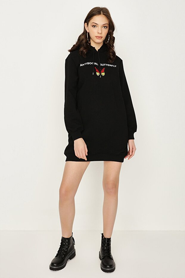Kadın Siyah Kapüşonlu Basic Sweat Elbise - 1