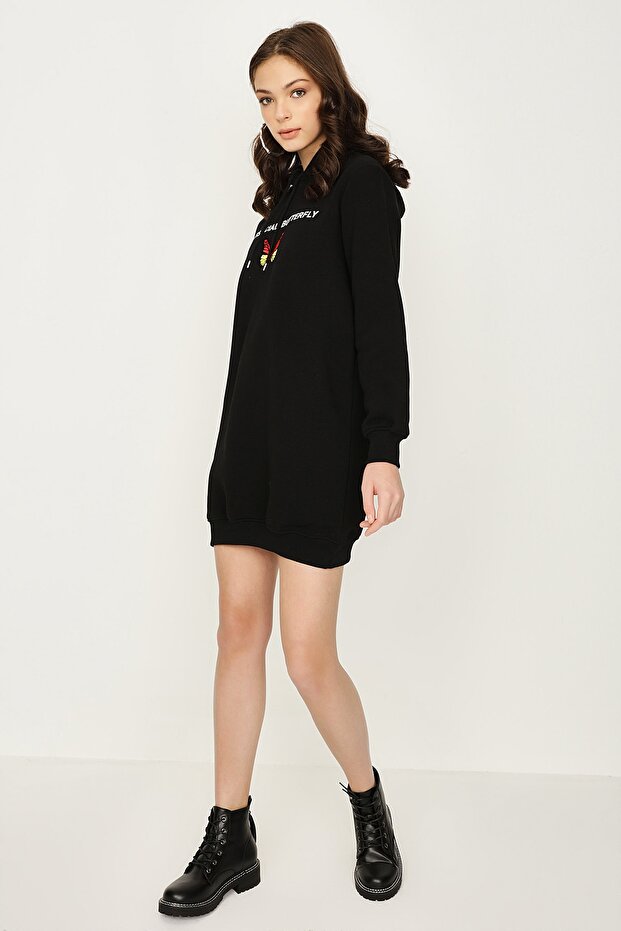 Kadın Siyah Kapüşonlu Basic Sweat Elbise - 2