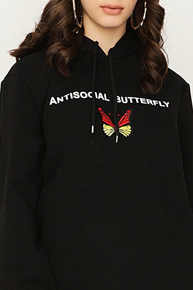 Kadın Siyah Kapüşonlu Basic Sweat Elbise - 3