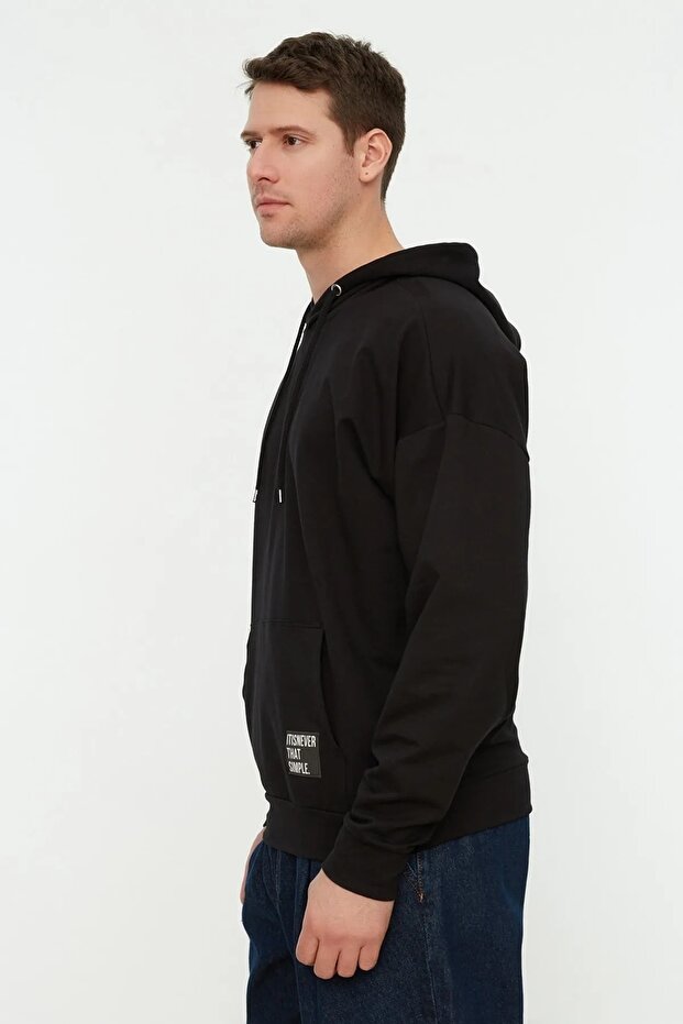 Siyah Kapüşonlu Oversize/Geniş Kesim Uzun Kollu Etiket Aplikeli Sweatshirt TMNSS21SW0221 - 5