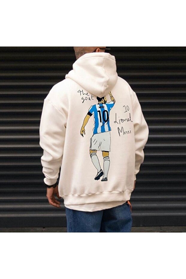 Men's Ecru Messi Printed Oversize Hooded Sweatshirt