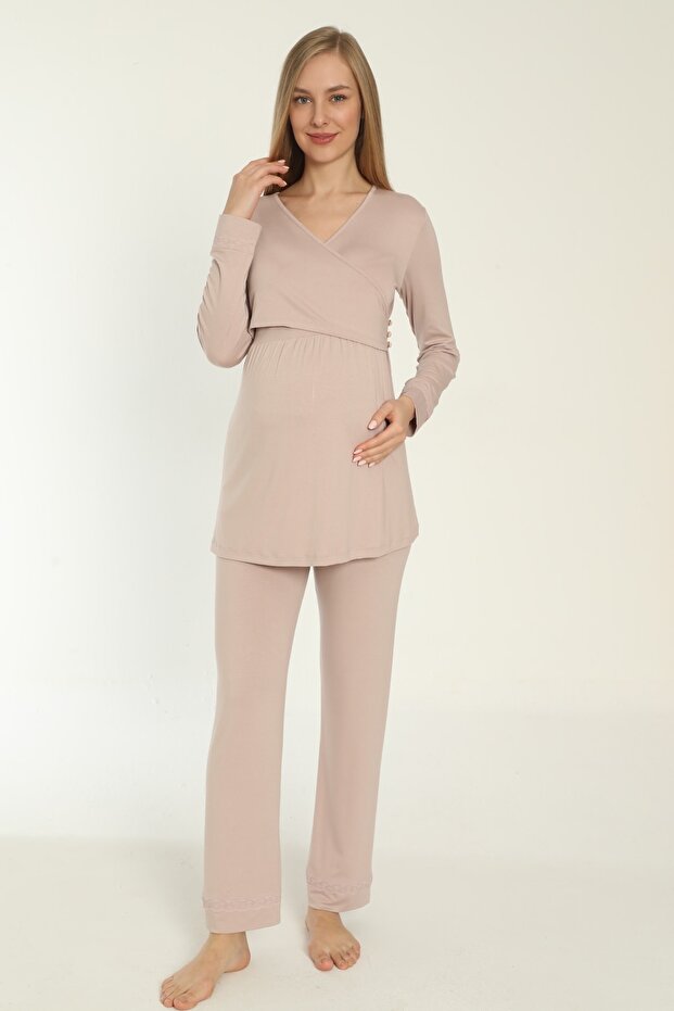Milk Brown Long Sleeve Maternity and Pregnant Pajamas Set Suitable for Breastfeeding