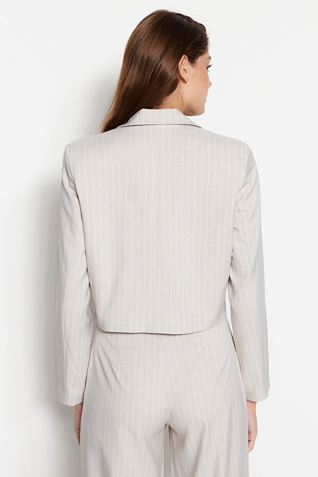Taş Regular Crop Dokuma Çizgili Blazer Ceket TWOSS23BC00029 - 6