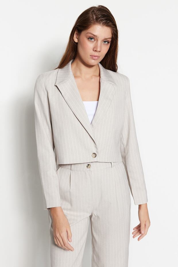 Taş Regular Crop Dokuma Çizgili Blazer Ceket TWOSS23BC00029 - 2