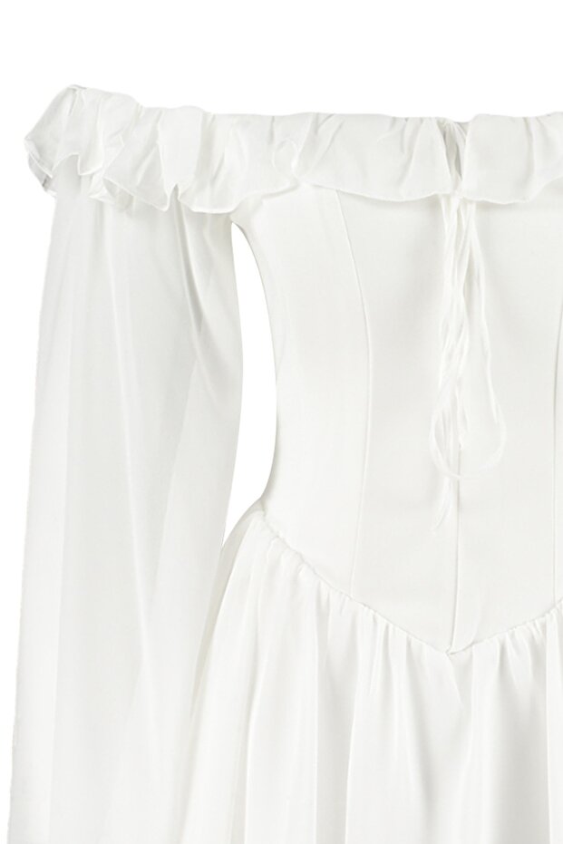 Bridal Beyaz A-Kesim Volanlı Şifon Boho Düğün/Nikah Abiye Uçuş Uçuş Mezuniyet Elbise TPRSS23EL00096 - 13