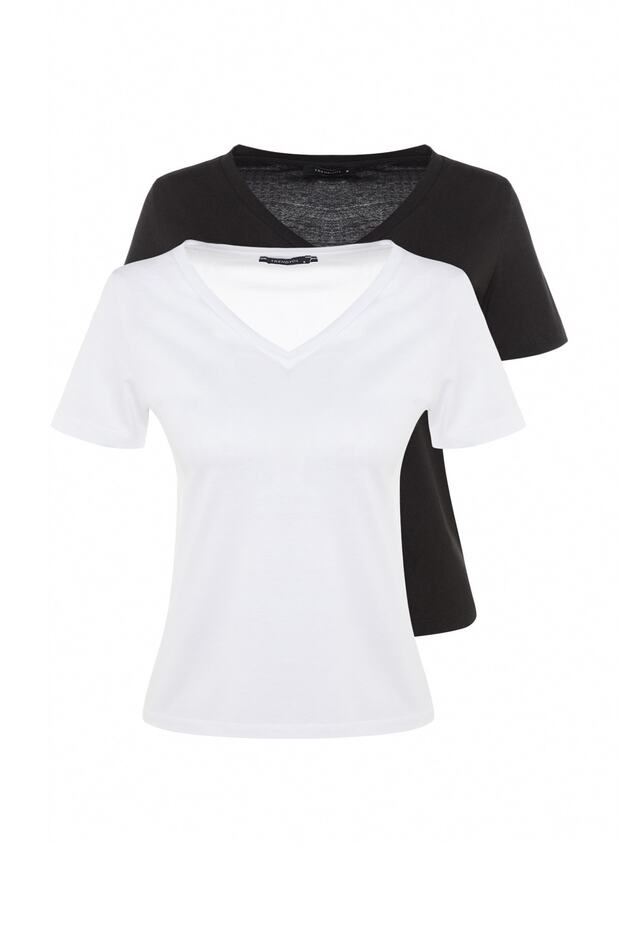 Siyah-Beyaz %100 Pamuk 2'li Paket Basic V Yaka Örme T-Shirt TWOSS23TS00002 - 7