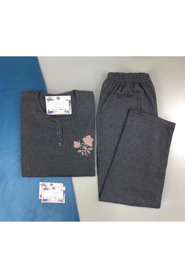 Geniş Kalıp Anne Kışlık Uzun Kollu Antrasit Büyük Beden Pijama Takımı -tek Çiçek - 1