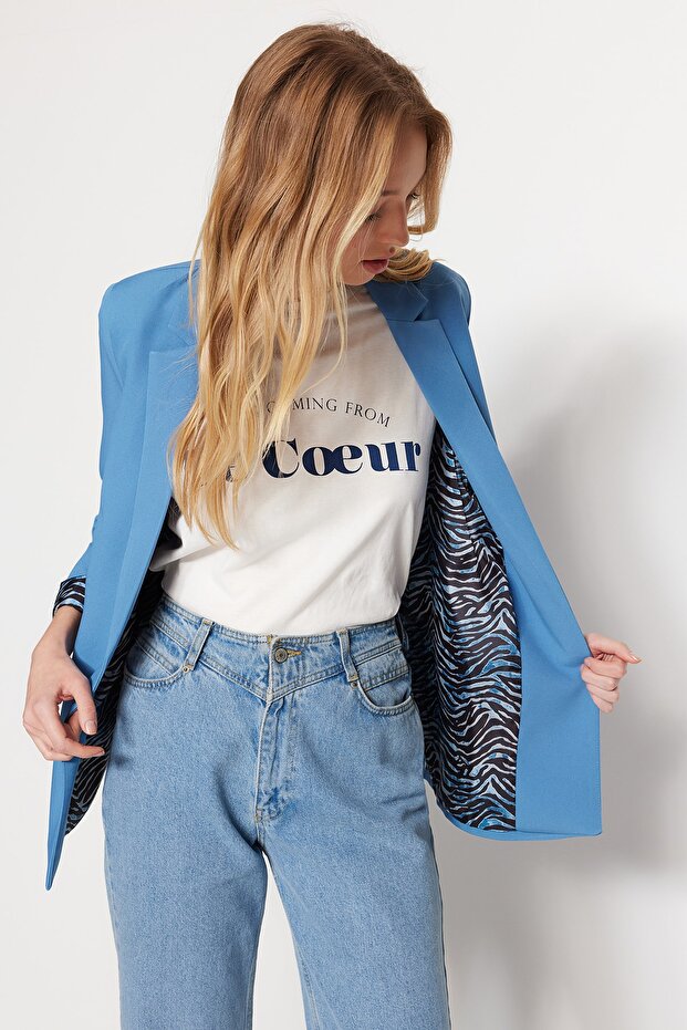 Koyu Mavi Regular Astar Detaylı Dokuma Blazer Ceket TWOAW20CE0316 - 1