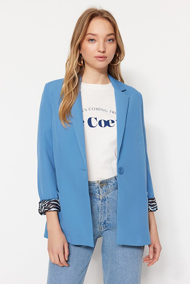 Koyu Mavi Regular Astar Detaylı Dokuma Blazer Ceket TWOAW20CE0316 - 3