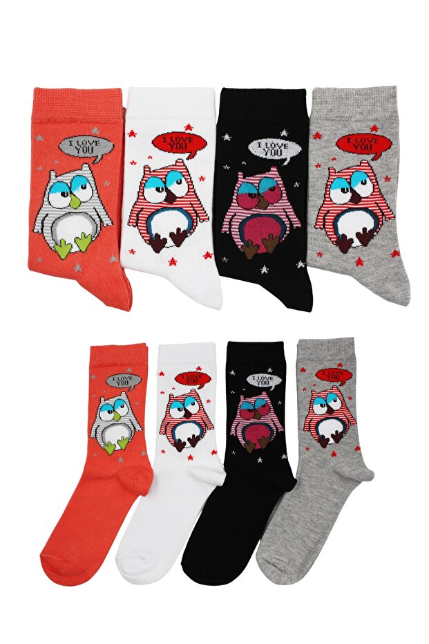 Unisex Owl Patterned Cotton Socks Set of 4