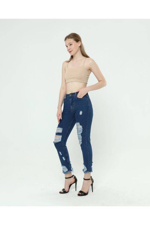 Navy Blue Ripped Mom Jean Women's Jeans