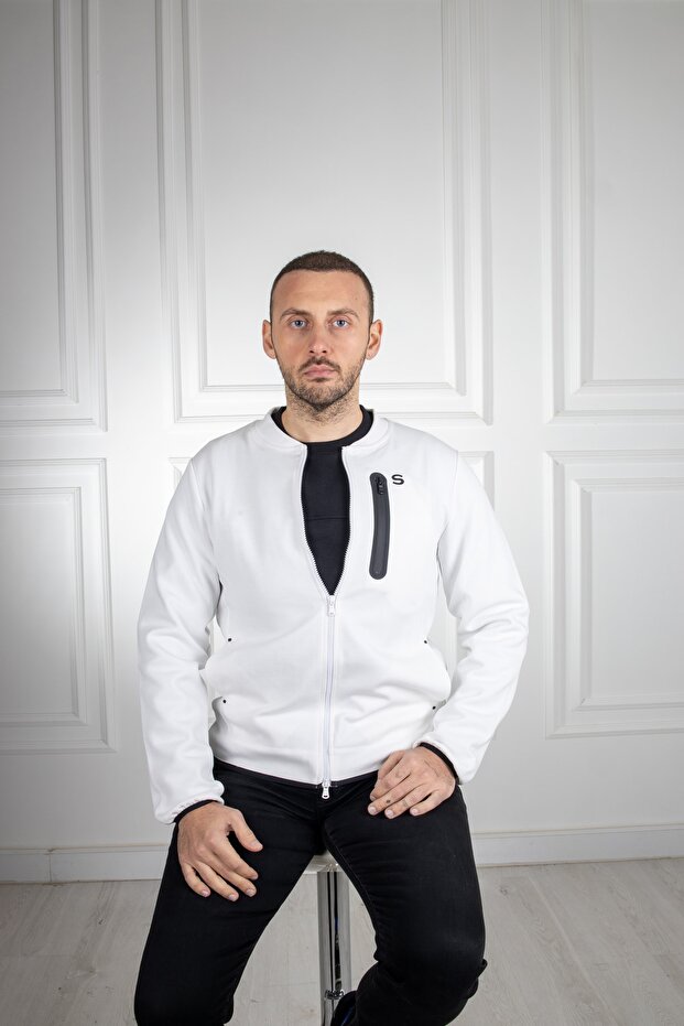 Fermuarlı Beyaz Sweatshirt - 3