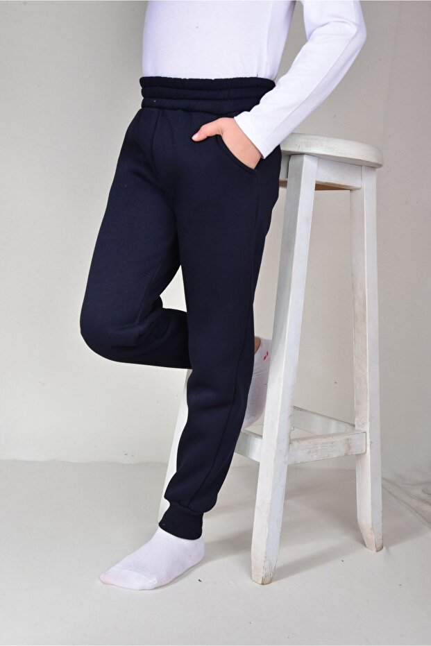 Unisex Kids Navy Blue Pocketed 3 Thread Thick Fleece Tracksuit Bottom