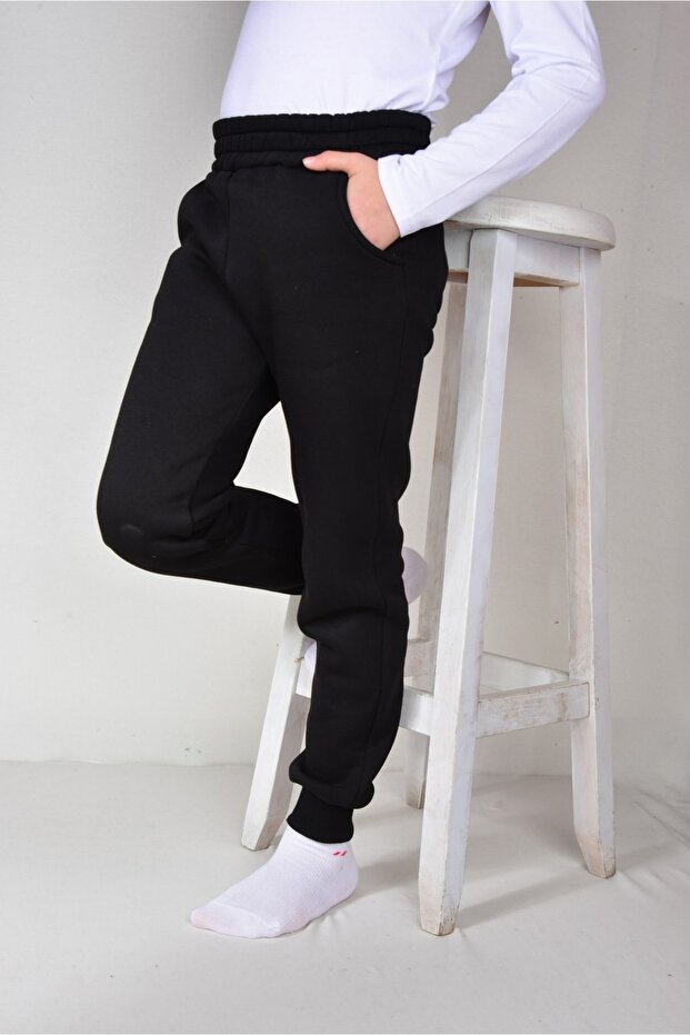 Unisex Kids Black Pocket 3 Thread Thick Fleece Tracksuit Bottom