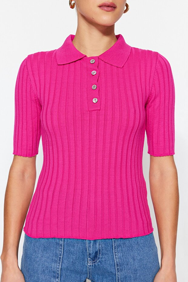 Fuşya Basic Polo Yaka T-Shirt Görünümlü İnce Bluz TWOSS20BZ0112 - 7