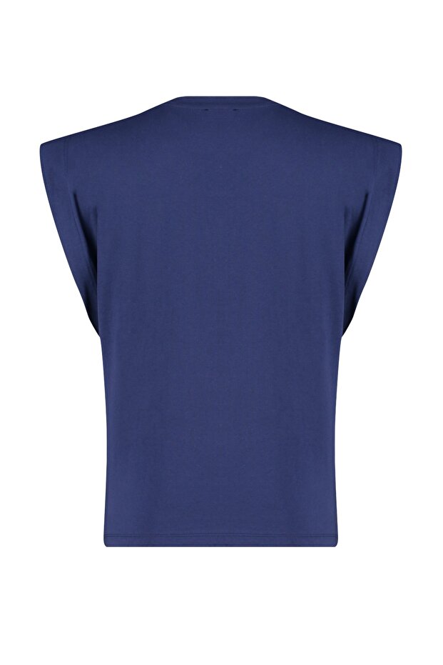 Lacivert %100 Pamuk Düğme Detaylı Vatka Görünümlü Basic Bisiklet Yaka Örme T-Shirt TWOSS23TS00016 - 8