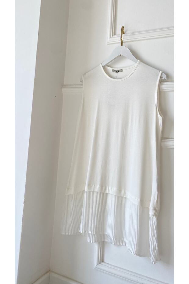 Ecru Pleated Underwear Combed Cotton Sleeveless Hijab Tunic Blouse
