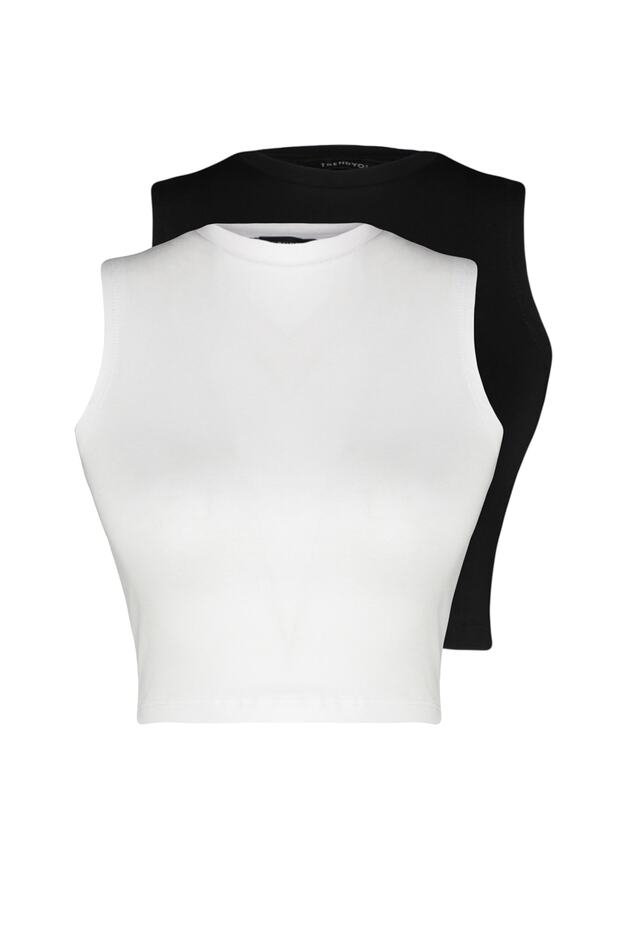 Siyah-Beyaz 2'li Paket Kolsuz Crop Pamuklu Esnek Örme Atlet TWOSS23AL00010 - 7