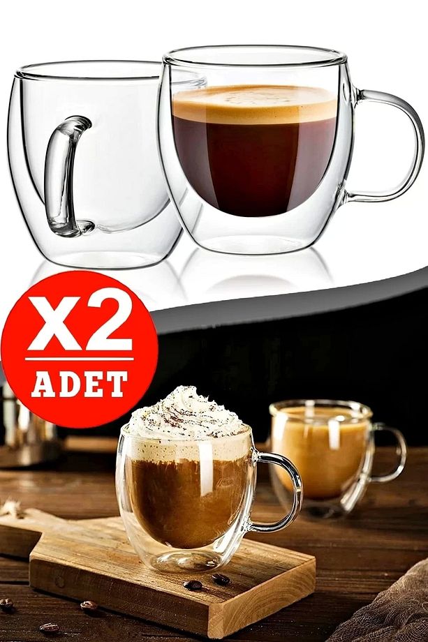 Çift Camlı Çift Cidarlı Cam Kupa 250 Ml Ev Ofis Fincanı Çift Katlı Isı Yalıtımlı Kulplu Cam Bardak - 1