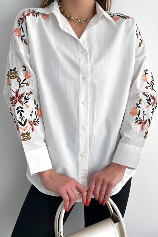 Women's White Off-Shoulder Flower Embroidery Embroidered Shirt