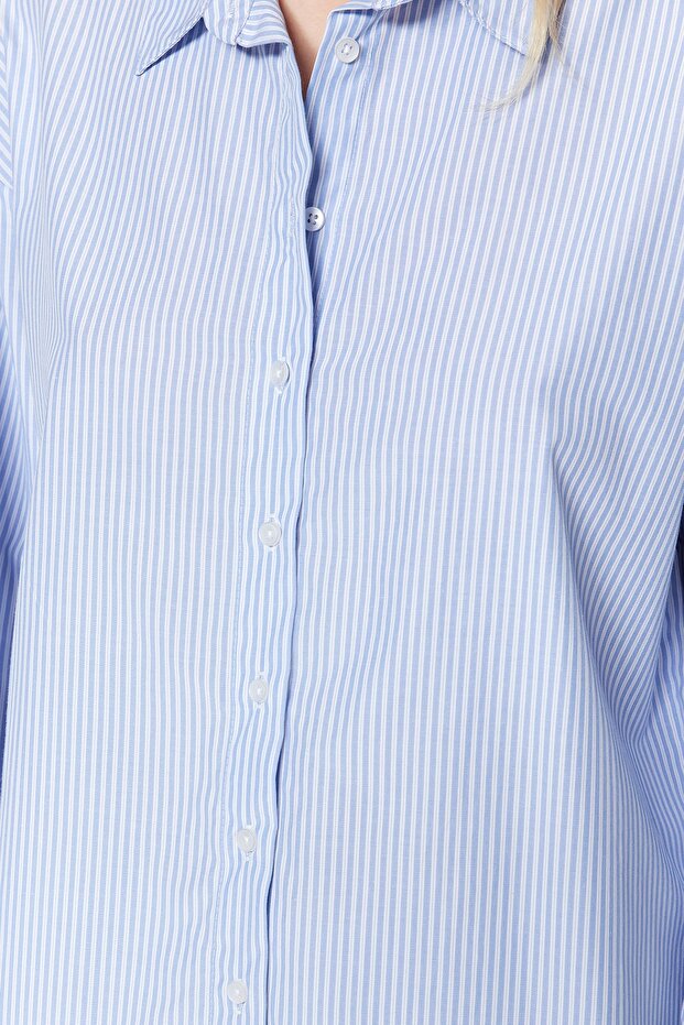 Mavi Çizgili Oversize/Geniş Kalıp Dokuma Gömlek TWOSS23GO00144 - 9