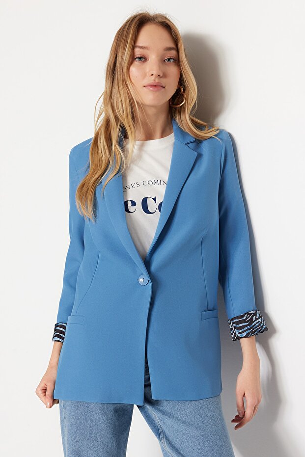 Koyu Mavi Regular Astar Detaylı Dokuma Blazer Ceket TWOAW20CE0316 - 2