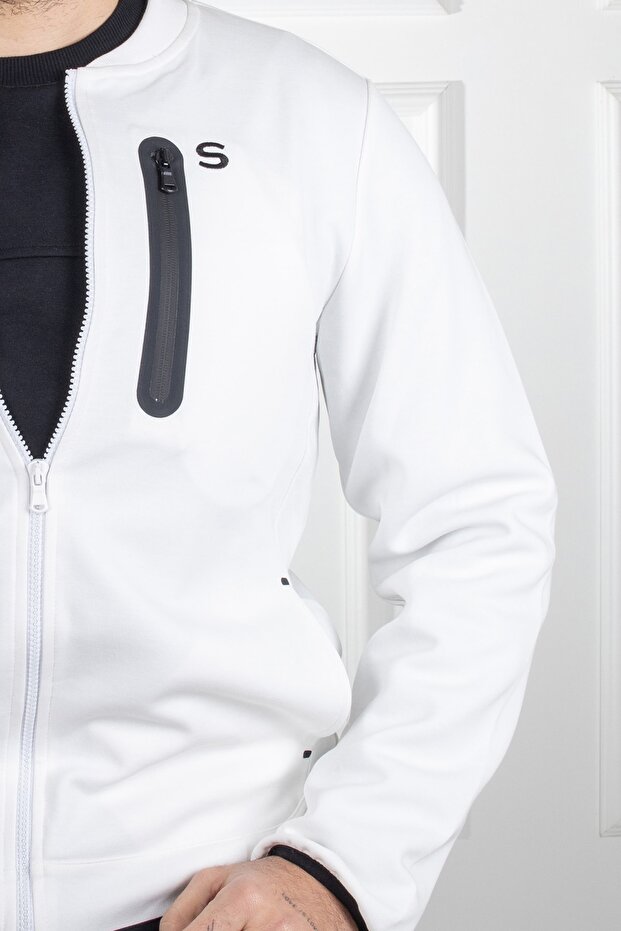 Fermuarlı Beyaz Sweatshirt - 4