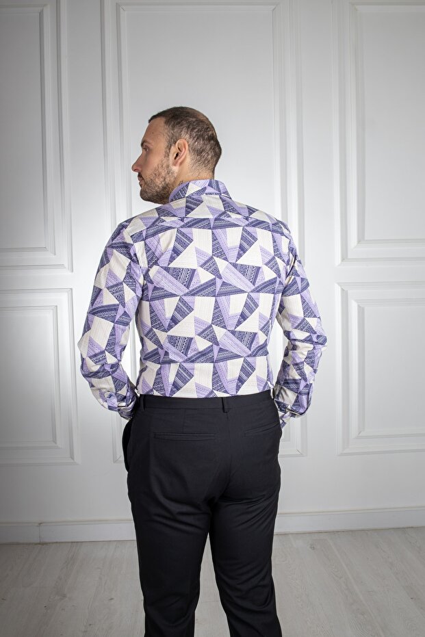 Interview Desenli Slim Fit Mor Gömlek - 5