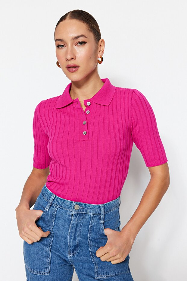 Fuşya Basic Polo Yaka T-Shirt Görünümlü İnce Bluz TWOSS20BZ0112 - 4