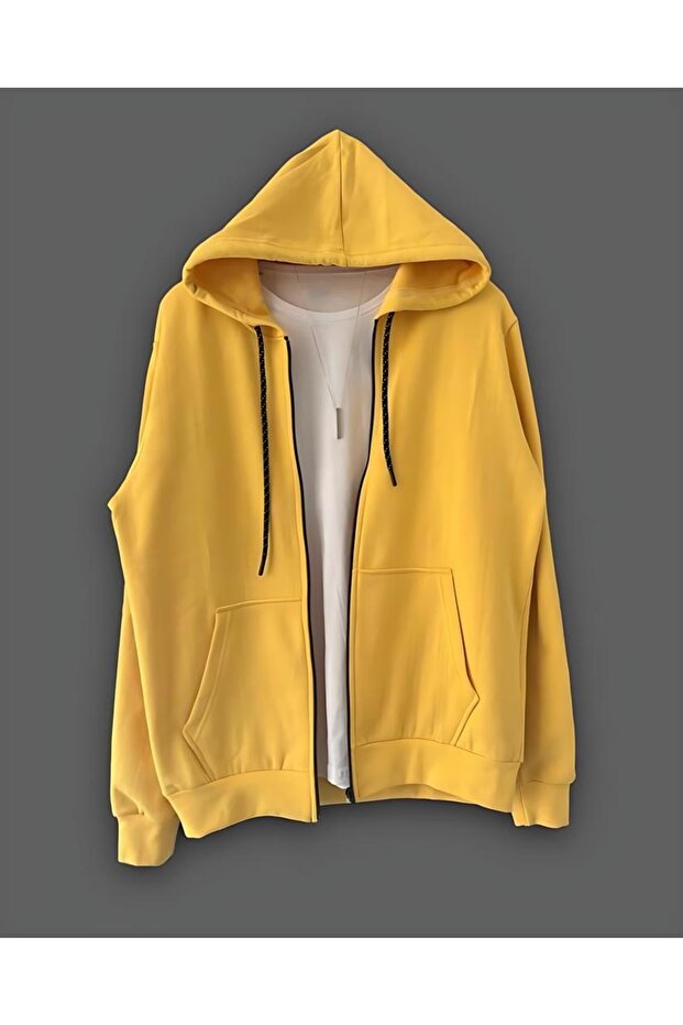 Zippered Jacket Yellow Sweatshirt Hooded
