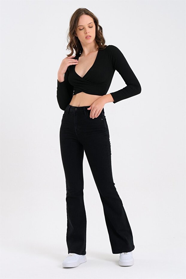 High Waist Black Flared Leg Jeans Lycra Flexible Denim Trousers