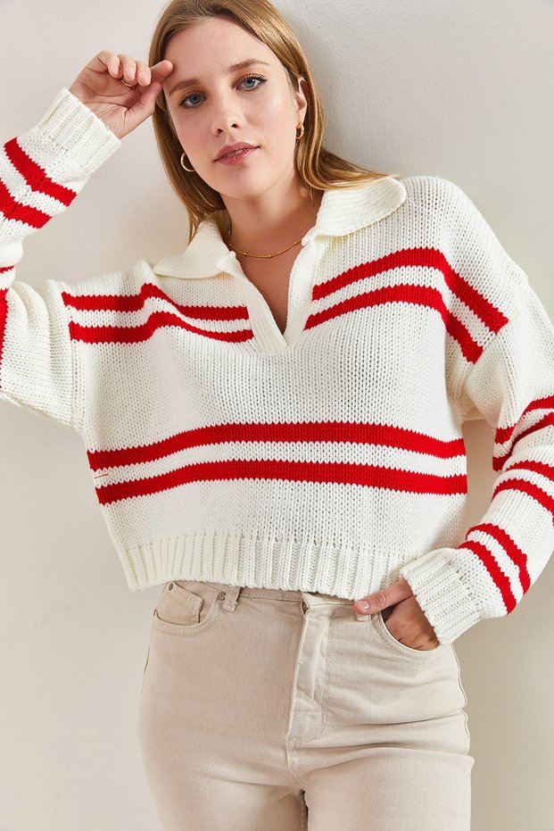 Women's White Red Polo Collar Striped Knitwear Sweater 20223276