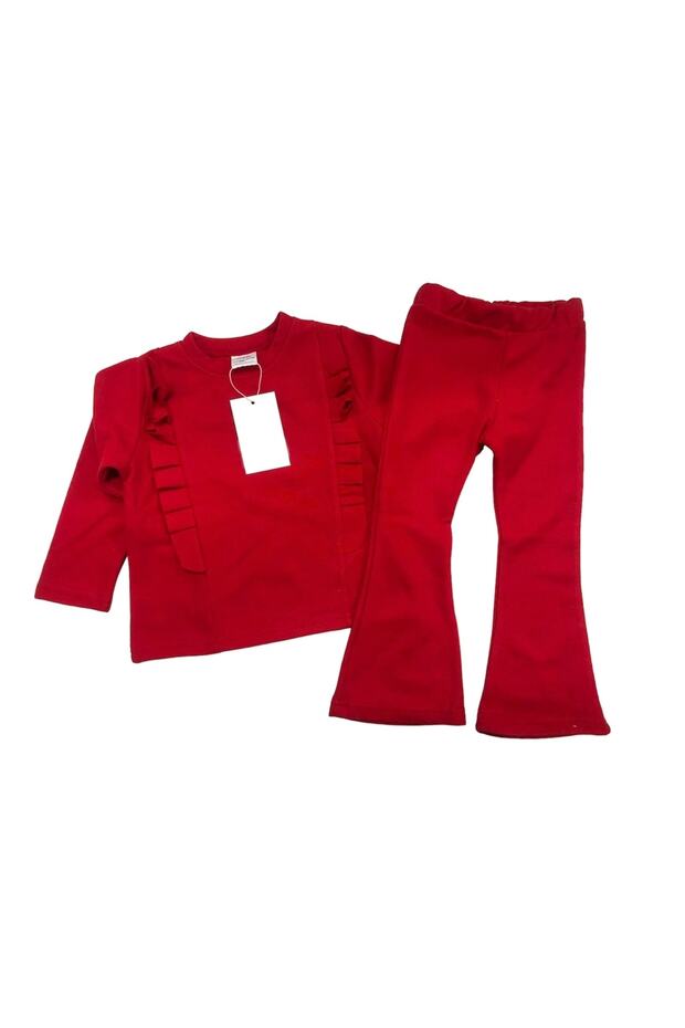 Girl's Ruffle Detailed Corded Selanik Fabric Top and Bottom Set